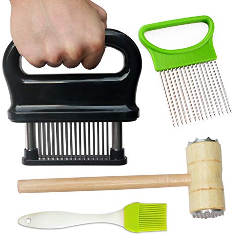 Meat Tenderizer, 48 Stainless Razor sharp Steel Needle Blade For Tenderizing,BBQ,Steak,With Tenderizer Hammer, Pastry Brushes & Onion Slicer Holder