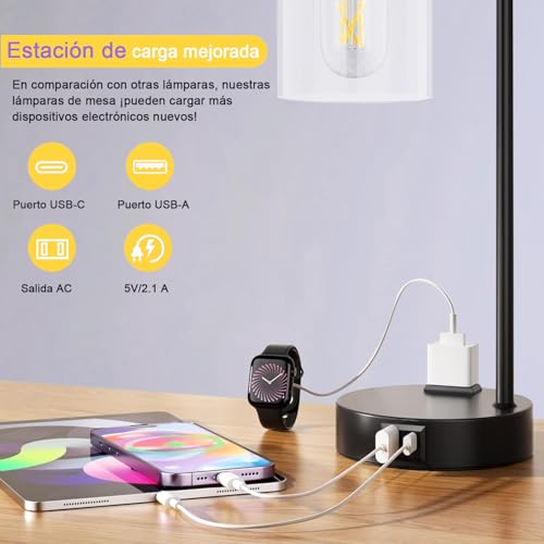 Lámpara de Mesa y Buró táctil, Lámparas de Mesa con 2 Puertos USB (A+C) y 1 Salidas de CA, 3 Niveles de Brillo, Lámpara de Escritorio para Dormitorio (bombilla incluida) (1 piezas)