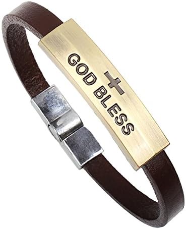 Mintik Jewelry Men's Unisex Vintage Leather Rope Cross Engraved GOD BLESS Bangle Bracelet