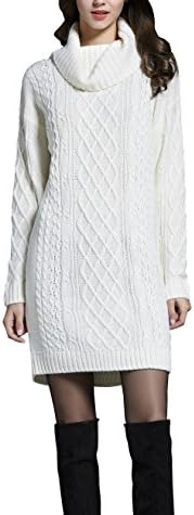 ZHENZHONG Womens Cowl Neck Turtleneck Long Sleeve Warm White Winter Sweater Dress for Fall