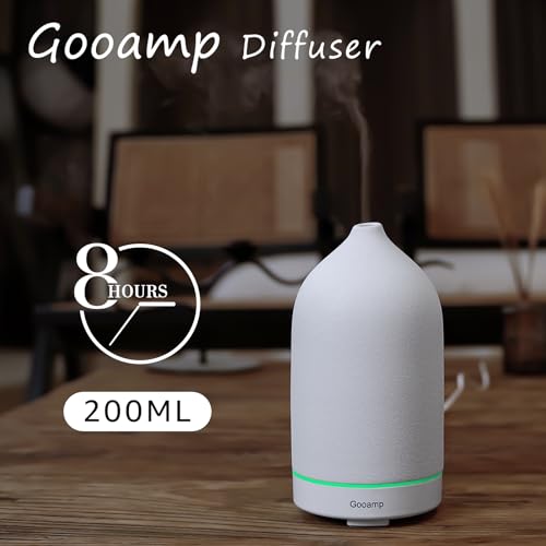 Gooamp 200ML Ceramic Essential Oil Diffuser - Ultrasonic Aromatherapy & Humidifier with 7-Color LED Lights, Auto Shut-Off, White, 1H/3H/6H Timer | Scent for Home, Office, Yoga