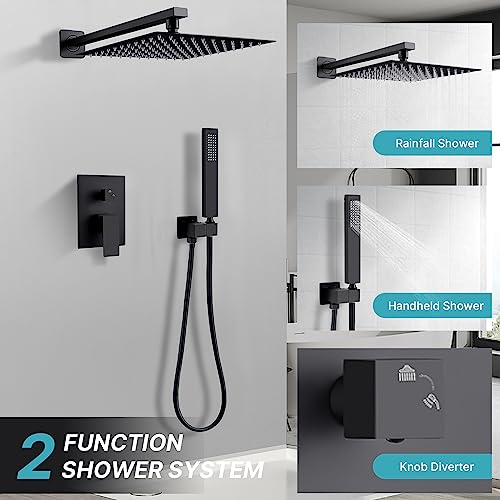 Namuoto Black Shower Systems, Complete Shower Set with Built-in Mixer, Square Rain Shower, 24.5 x 24.5 cm