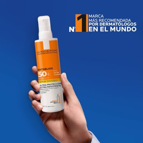 La Roche Posay Spray Invisible, Protector Solar con SPF50+, Apto para Piel Sensible, Previene el Estrés Oxidativo, Resistente al Agua, al Sudor y a la Arena, Fórmula con Agua Termal, Anthelios, 200 ml