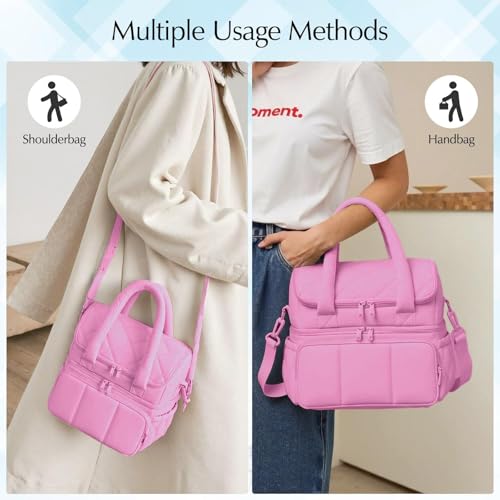 Insulated Lunch Bag for Men Women Kids, Large Reusable Double Layer Lunchbox Cooler Bag with Adjustable Strap, Leakproof Thermal Food Storage Tote for Work, School, Picnic, Travel - Pink
