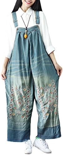 SUGIRLS Women's Casual Plus Size Vintage Embroidery Bib Overalls Wide Leg Harem Denim Jumpsuit Pants Style 1