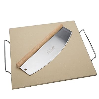 Culinary Expertise Cordierite Pizza Stone, 15 Inch Square with 14 Inch Cutter and Removable Chrome Handles | Thermal Shock Resistant on Oven or Grill