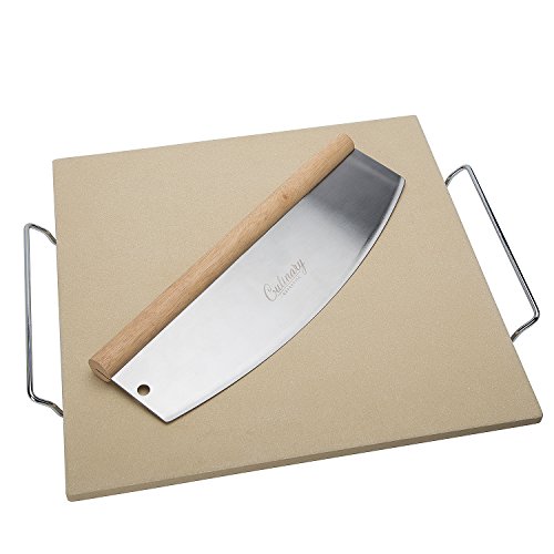 Culinary Expertise Cordierite Pizza Stone Set & Bread Baking Stone 15-Inch Square for Oven & Outdoor Grill Top, with 14 Inch Cutter and Removable Rack | Thermal Shock Resistant