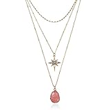 Vintage Bohemian Statement Long Necklace for Women Gold Plated Star Healing Stone Charms (Pink)