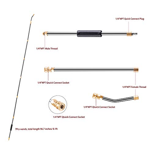 ZALALOVA Pressure Washer Wand Extension, 6 Pcs Stainless Steel Extension Wand, 1Pc 30Â°Degrees Curved Rod Extension Attachment 8.1ft Replacement Lance 1/4" NPT Quick Connect w/Storage Box 4000 PSI