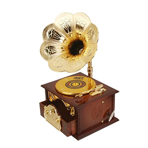 Wind up Music Box Vintage Look Music Box With Jewelry Box - Table Desk Decoration and Gift (Disc Machine, Brown)