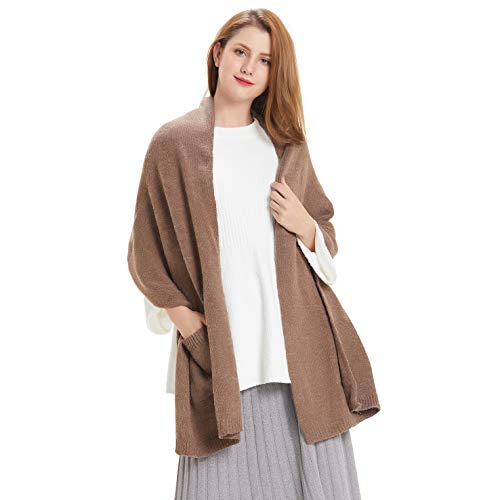 Hanerdun Womens Thick Knit Wrap Soft Warm Shawl Winter Scarf With Pocket, Light Tan, One Size