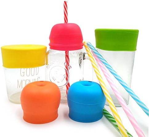 Silicone Sippy Cup Lids, Philyer Make Any Cup Spill-Proof Training Cup or Bottle for Babies,Toddlers and Kids , BPA Free, Leak Proof - 5 Pack Straw Lids and Drinking Straws