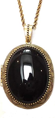 Large Original Brass and Black Agate Gemstone Locket on Long Chain Necklace