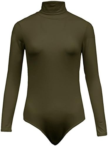 KOOLDO Womens Basic Solid Turtleneck Bodysuit with Snap Button Closure-S-OLIVE