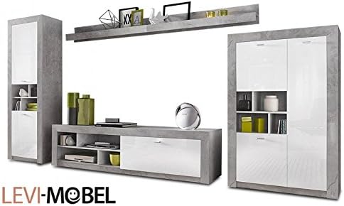 Amazon De Moebelaktionsshop24 Wohnwand 5 Tlg Wohnzimmer Lowboard Beton Optik Grau Weiss Hochglanz Neu
