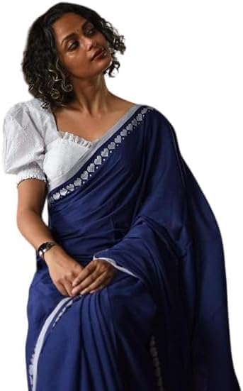 Photo 1 of Generic Women's Designer Cotton Indian Handloom Khadi Ethnic Saree With Tassels Unstitched Blouse Piece (Cotton, Blue)