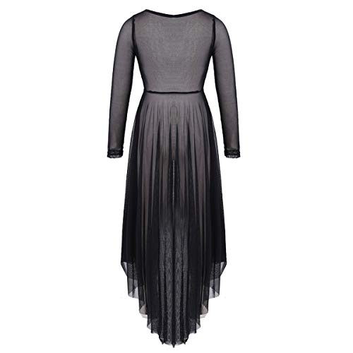 dPois Big Girls' Long Sleeve High-Low Hem Lyrical Praise Dance Mesh Dress Liturgical Dancewear Black 12 - Thumbnail 2