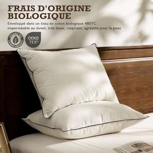 BPC Organic Feather Duvet Pillow 60 x 60 cm Pack of 2, Luxury Hotel Pillow with 3 Bedrooms, Pillow 60 x 60 cm Duvet with 100% Cotton Cover and Goose Feather Filling, White