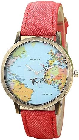 Womens Global Travel by Plane Map Watches Quealent Clearance Ladies Watches Female Watches Denim Fabric Wrist Watches