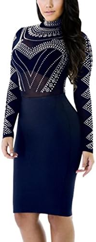 Maelove Womens Sexy High Neck Long Sleeve Bandage Bodycon See Through Clubwear Party Dress (X-Large, Navy Blue)