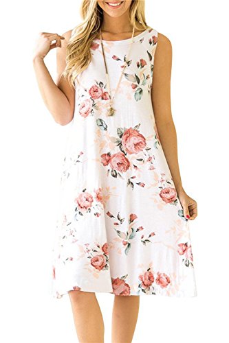 Genhoo Women Summer Casual Sleeveless Floral Printed Swing T Shirts Dress Sundress with Pocket