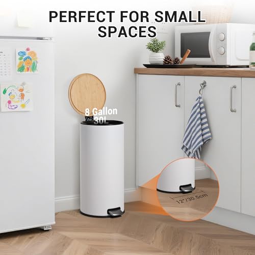30L Stainless Steel Trash Can with Bamboo Lid, Pedal - Operated Garbage Bin with Removable Inner Bucket for Kitchen, Bathroom, Small Spaces