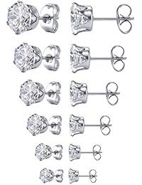 Jewelry Women's Stainless Steel Round Clear Cubic Zirconia Stud Earring (6 Pairs)