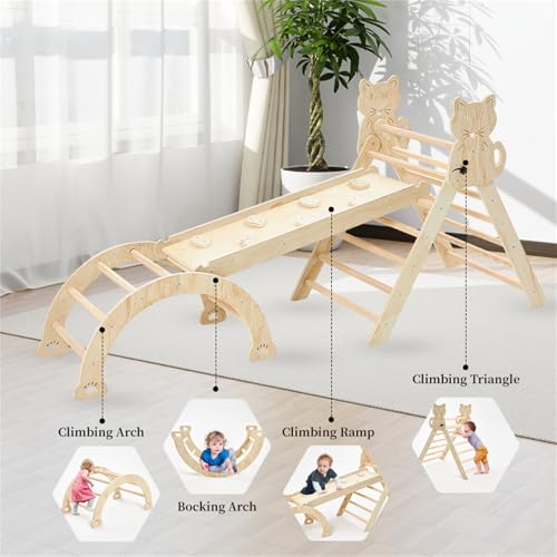 AM ANNA Pikler Triangle Set for Toddlers Climbing Toys Indoor, 7 in 1 Toddler Climbing Toys Indoor, Montessori Foldable Climbing Set, Wooden Climbing Toys for Toddlers 1-3 (Wood)