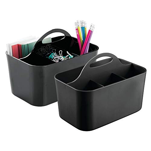 mDesign Small Office Storage Organizer Utility Tote Caddy Holder with Handle for Cabinets, Desks, Workspaces - Holds Desktop Office Supplies, Gel Pens, Pencils, Markers, Staplers - 2 Pack - Black