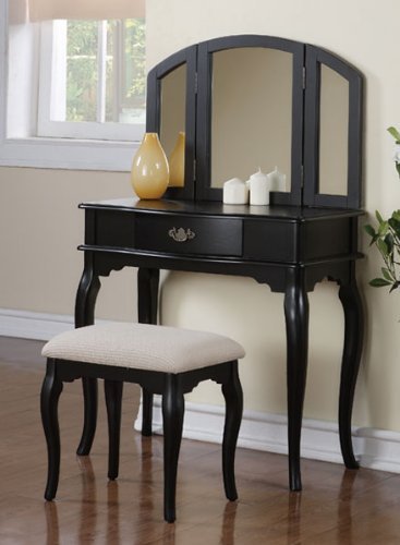 Vanity Set with 3 Fold Mirror and Stool in Black Finish