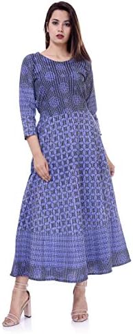NEGEN Women's Cotton Maxi Dress 3/4th Sleeves [ Indigo Blue ]