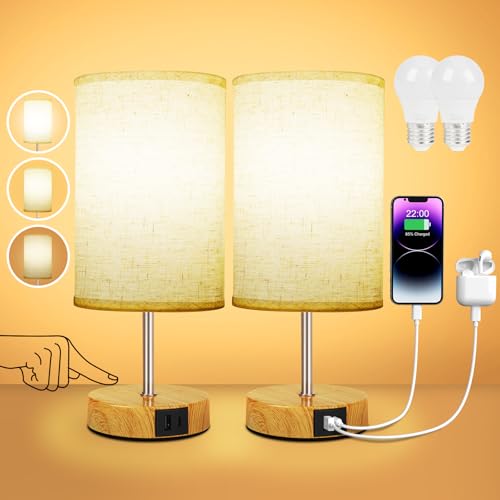 Suright Bedside Lamp Touch Dimmable Set of 2, Table Lamp with Charging Function USB A+C Connections, Linen Lampshade, Wooden Base, Small Lamp for Bedroom, Living Room (LED Bulb Included)