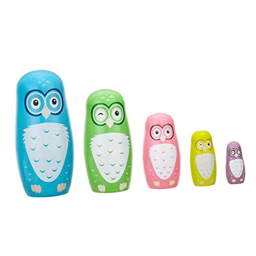 FRCOLOR 5Pcs Owl Pattern Wooden Nesting Dolls Animal Matryoshka for Home Decor Safe Fun Design for Boys and for Birthdays and Celebrations