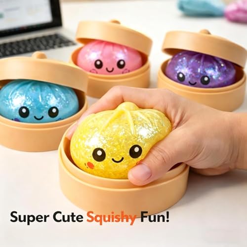 SLEEPHEAD®Dumpling Squishy Mystery Box Stress Relief Toy | Colorful Reusable Squeeze Balls with Steamer, Soft Rebound Fidget Toy for Kids & Adults, Home Office Gift (PINK)