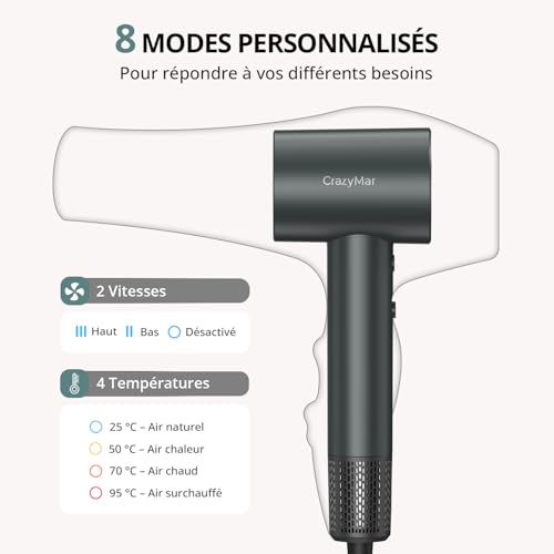 Ionic Hair Dryer, 180,000 RPM Professional Hair Dryer – Drying 5X Faster, Light & Compact, 4 Temperature, Overheating Protection and Low Noise (Grey)