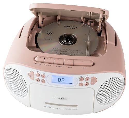 Reflexion RCR2260 CD Player with Cassette and Radio for Mains and Battery Operation (PLL FM Radio, LCD Display, AUX Input, Headphone Jack), White/Pink