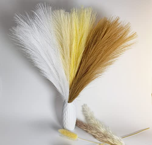 8 Pcs 17" Faux Dried Pampas Grass Decor, Fluffy Fake Small Pompas Artificial Beige Yellow Brown White Pompous Short Stems Bouquet Flower Arrangement Vase Filler for Boho Home Wedding Fall Decoration