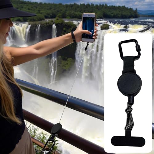 Portable Retractable Anti-Theft Phone Holder, Equipped with a Retractable Keychain Lanyard and Mountain Buckle, Suitable for Travel, Hiking, and Daily Use (Black)