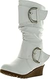 Pure65 Kids Fashion Slouch Buckles Mid-Calf Zipper Wedge Heel Boots