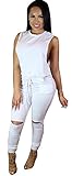 Kearia Women Casual Sleeveless Drawstring Knee Hole Long Pants Jumpsuits Rompers