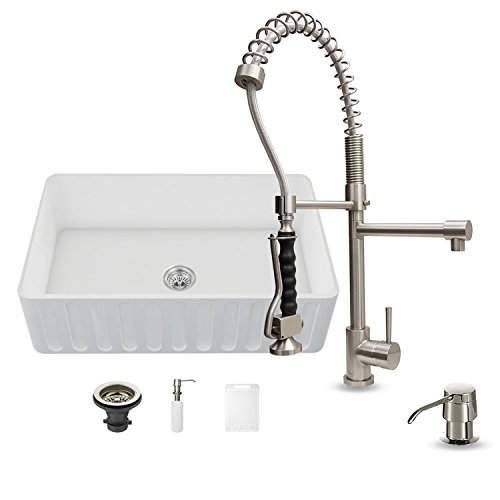 UPC 849922015439, VIGO 36 inch Farmhouse Apron Single Bowl Matte Stone Kitchen Sink and Zurich Stainless Steel Faucet Set