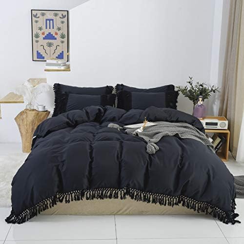 Softta Black Duvet Cover Queen 3 Pcs Boho Bedding Ruffle Tassel Farmhouse Duvet Covers Fringed 100 Pure Cotton