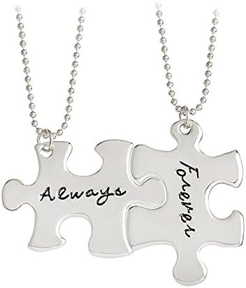 Retro 2 Pcs Couples I Love You Always Forever Letter Puzzle Dog Tag Necklace Key Chain Square Matching Engraved Heart Letter Necklace Set