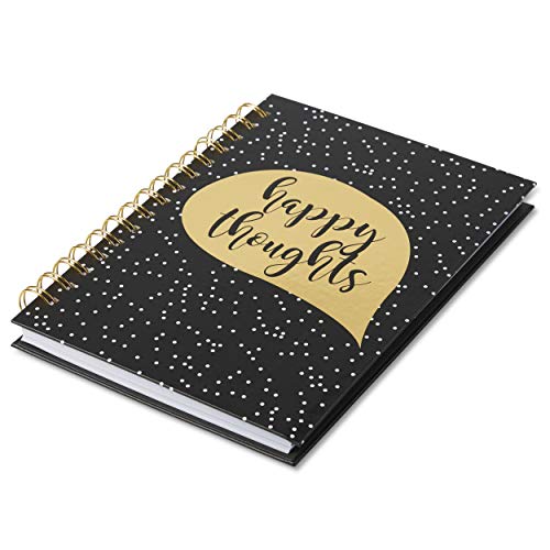 Small Hardcover Themed Notebook - Compact Lined Spiral Bound 6.0" X 8.5" 100 Page Notepad Journal/Personal Diary - Black, Gold & White Cover Design with Inspirational Quote "Happy Thoughts"
