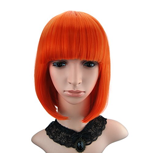 eNilecor Short Bob Hair Wigs 12" Straight with Flat Bangs Synthetic Colorful Cosplay Daily Party Wig for Women Natural As Real Hair+ Free Wig Cap (Orange)