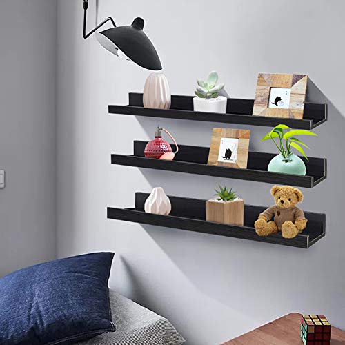 36 Inch Black Floating Wall Ledge Shelves Set of 3, Photo Picture Ledge