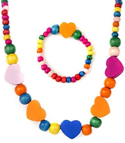 Wooden Bead Jewelry Set for Girls - Multicolor wooden beaded Heart Necklace and bracelet set - size 15 inches.