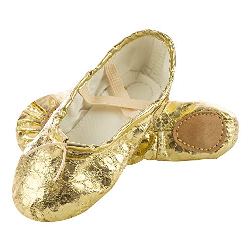 XJX Girls Leather Ballet Dance Shoes Split Sole Ballet Slipper Yogu Shoes Gold 01 30