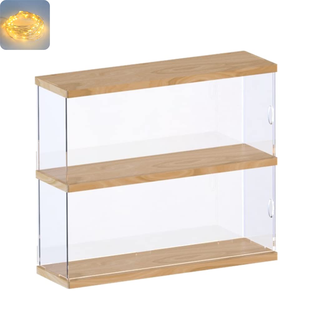Nynelly 2 Layer Clear Acrylic Display Case with Door - Display Shelf for Models, Figures, Funko Pop, Pop Mart, Labubu, Sonny Angel, Smiski - Assemble Dustproof Display Box (30x10x27 cm, Wood) — image 1