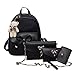 VESNIBA Women Girl Four Sets Backpack Handbag Shoulder Bags Four Pieces Tote Bag Crossbody (Black)